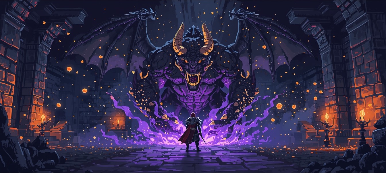 Knight facing a Demon in a dark dungeon